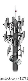 A mobile / cellular phone tower with three antennae arrays and 2 line of sight dishes.