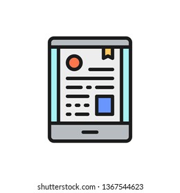 Mobile certificate, phone diploma, e-learning flat color line icon.