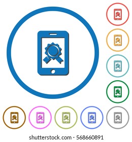 Mobile certification flat color vector icons with shadows in round outlines on white background
