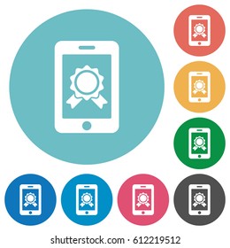 Mobile certification flat white icons on round color backgrounds
