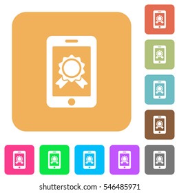 Mobile certification icons on rounded square vivid color backgrounds.