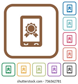 Mobile certification simple icons in color rounded square frames on white background