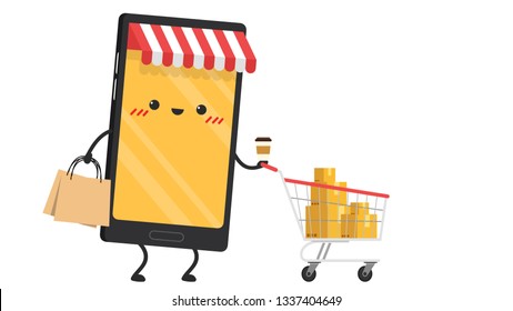 Mobile character design. Shopping online wallpaper. poster design. cellphone character design.