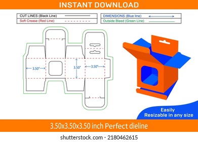 Mobile charger 3.50x3.50x3.50 inch box with window dieline template and 3D render