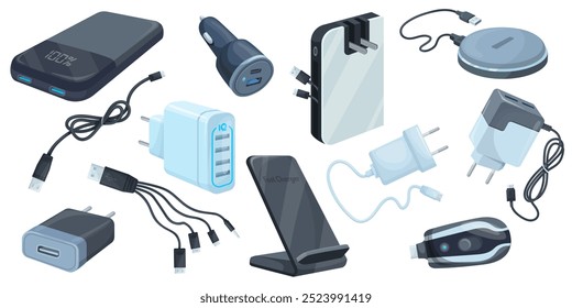 Mobile charger adapter. Smartphone chargers accessories, usb cable power adapter for charge phone battery auto adaptor electrical cord portable device, set neat vector illustration original artwork