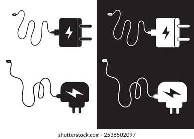  Ícone do carregador móvel definido no fundo branco. Ícone do carregador de celular isolado em preto e branco. Dispositivo de energia. Illustação vetorial.
