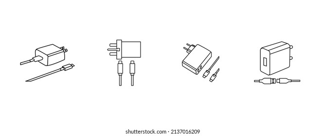 Mobile Charger On White Vector Image. Usb Cable Simple Black Line Icon Vector Image. Mobile Charger Vector Line Icon On White. Vector Illustration. Phone Charger. Charger Icon.usb Cable. Adapter.