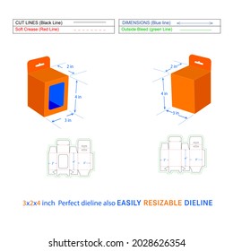 Mobile Charger Packaging Box, Hanging window box 3x2x4 inch box dieline template and 3D box