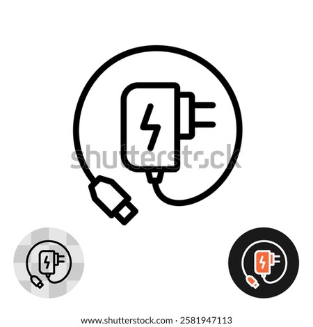 Mobile charging battery device vector line icon. Black and white outline illustration of power supply item. Adjustable stroke.