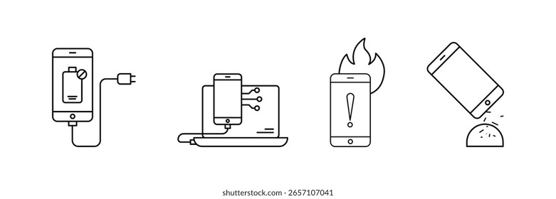  Mobile charging connection overheating broken screen battery failure warning troubleshooting repair icon vector illustration electronic device damage set.