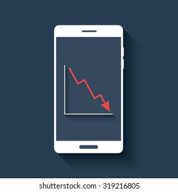 Mobile chart infographics element. Smartphone with graphs. Business report diagram. Red line graph falling. Eps10 vector illustration.