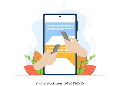 Mobile Chat app concept for business or discussion, teamwork using technology to communicate or collaborate on work, communicating with mobile app in big hand holding smart phone. vector illustration.