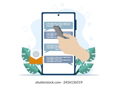 Mobile Chat app concept for business or discussion, teamwork using technology to communicate or collaborate on work, communicating with mobile app in big hand holding smart phone. vector illustration.