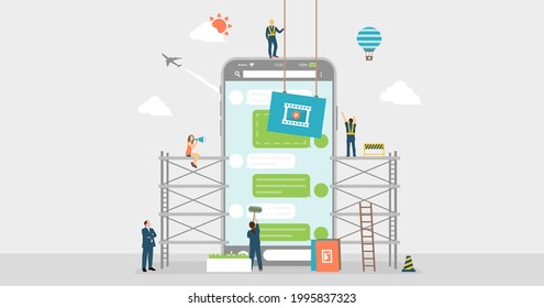 Mobile chat app concept vector banner illustration