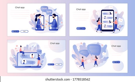 Aplicación de chat móvil. Comunicación en línea, redes sociales.   Plantilla de pantalla para teléfono móvil inteligente, página de inicio, plantilla, ui, web, aplicación móvil, afiche, banner, volante. Estilo moderno de dibujos animados planos.Vector