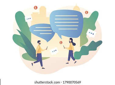 Mobile chat App. Online communication, social networking, messages. Tiny people chatting in mobile smartphone and big speech bubbles. Modern flat cartoon style. Vector illustration on white background