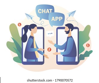 Mobile chat App. Online communication, social networking, messages, speech bubbles. Tiny people chatting in mobile smartphone screen. Modern flat cartoon style. Vector illustration on white background
