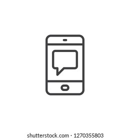 Mobile chat app outline icon. linear style sign for mobile concept and web design. Tablet speech bubble screen simple line vector icon. Symbol, logo illustration. Pixel perfect vector graphics