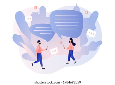 Mobile chat App. Tiny people chatting in mobile smartphone and big speech bubbles. Online communication, social networking, messages. Modern flat cartoon style. Vector illustration on white background