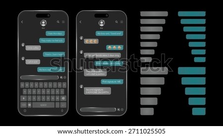 Mobile Chat App UI Mockup – Modern Smartphone Messenger Interface in Dark Mode with Text Bubbles, Emojis, Typing Bar, Conversation Layout, UX Design Elements, and Messaging Screen Vector Template
