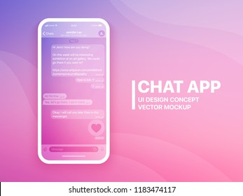 Mobile Chat App UI And UX Concept Vector Mockup In Minimalist Color Flow Limpid Theme On Smart Phone Screen. Social Network Design Template