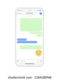 La aplicación de chat móvil UI y el Vector de Concepto UX en blanco se burlan en el tema minimalista clásico de luz en la pantalla de Smart Phone aislado en fondo blanco. Plantilla de diseño de redes sociales