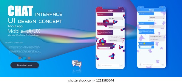 Mobile Chat App UI and UX Concept Vector Mockup in modern design. Social network concept of Chatting and messaging. SMS messages sending window. Vector Illustration. EPS10