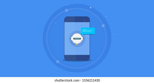 Mobile Chat bot, Chat bot assistance, Artificial intelligence, AI concept - flat design banner isolated on blue background
