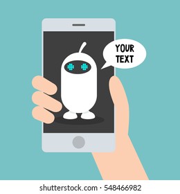 Mobile chat bot concept. Cute cartoon robot on the smart phone's screen / Editable flat vector illustration, clip art