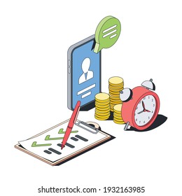 Mobile chat bubble, time is money, to-do list, document contract. Vector 3d line isometric, color web icons, new flat style. Creative illustration, design idea for infographics.