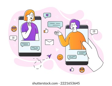 Concepto de chat móvil. Las mujeres se comunican en las redes sociales y mensajeras instantáneas. Tecnologías modernas y mundo digital. Gadgets y dispositivos, afiche o pancarta. Dibujo vectorial plano de dibujos animados