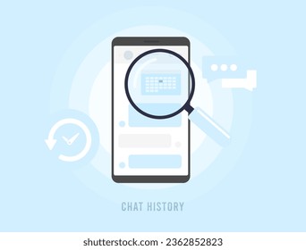 Concept d'historique des conversations mobiles. Comment trouver, restaurer et gérer les messages d'historique dans l'application Mobile Social Media Messenger. Illustration vectorielle isolée sur fond blanc avec icônes