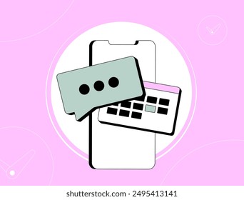 Historial de chat móvil: cómo encontrar, restaurar y administrar el historial de mensajes en los App de mensajería de redes sociales. Ilustración vectorial con iconos sobre fondo rosa