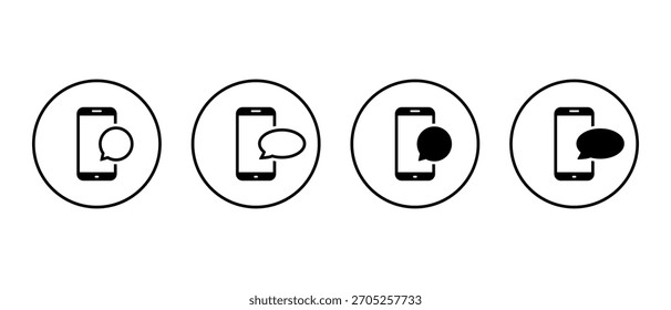 Ícone de chat móvel definido em contorno circular. Smartphone com símbolo de balão de fala