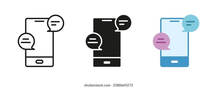 Mobile chat messaging icon. Smartphone conversation vector illustration. Online communication symbol. Digital text app sign. Speech bubble interaction concept. Social media network graphic.