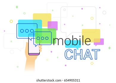 Mobile chat and messenger on smartphone creative concept illustration. Human hand holds smart phone with line speech bubbles and text. Texting messages each other via internet and modern lifestyle.