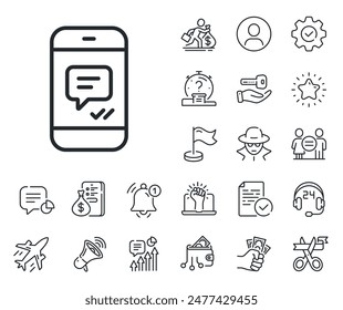 Signo de chat móvil. Iconos de salariales, igualdad de género y campanas de alerta. Icono de línea de mensaje de teléfono. Símbolo de conversación o SMS. Signo de línea de mensaje. Espiar o icono de marcador de posición de perfil. Vector