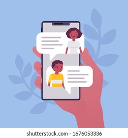 Mobile chat, smartphone application for chat communication. Live talk for helping customers, friendly messaging, romantic texting, informal online conversation. Vector flat style cartoon illustration