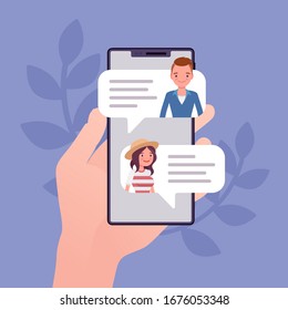 Mobile chat, smartphone application for chat communication. Live talk for helping customers, friendly messaging, romantic texting, informal online conversation. Vector flat style cartoon illustration