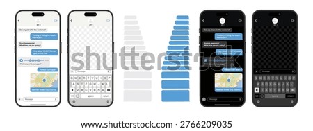 Mobile Chat UI Mockup Vector Set – Smartphone Messaging App Screens with Keyboard, Live GPS Sharing, Voice Messages, Light and Dark Mode Conversation Templates