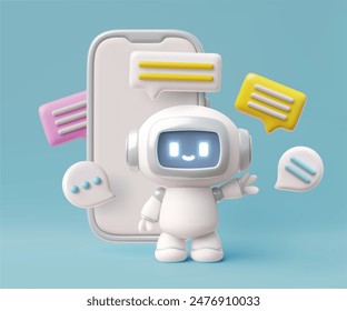 Mobile chatbot. 3D Vector image of a chatbot next to a smartphone in cartoon style with speech bubbles. Artificial intelligence assistant bot in a smartphone application. Isolated background.