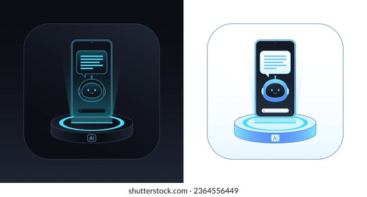 Mobile chatbot app. AI assistant for idea search and content generate. AI algorithms, chat bot integration to control and solving business tasks. Artificial intelligence solution. Vector illustration