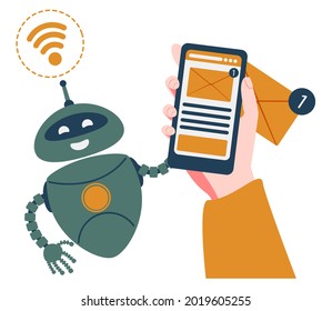 Mobile chatbot app  illustration, application for sms messaging, smartphone interface with chat bot messages at screen. Media communication with artificial intelligence. Vector Illustration