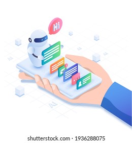 Mobile chatbot app isometric illustration, application for sms messaging, smartphone interface with chat bot messages at screen. Media communication with artificial intelligence. Vector Illustration