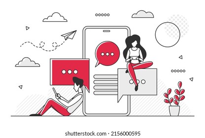 Aplicación de chat móvil y red de amigos. Mensajería de comunicación a través de internet red social vector monocolor ilustración