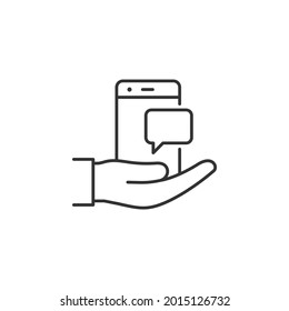 Charla móvil con el estilo de línea de iconos de la mano aislado en fondo blanco. Ilustración del vector
