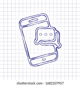 Mobile chatting, text dialog, send message, outline design. Hand drawn picture on paper sheet. Blue ink, outline sketch style. Doodle on checkered background