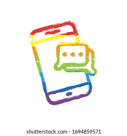 Mobile chatting, text dialog, send message, outline design. Drawing sign with LGBT style, seven colors of rainbow (red, orange, yellow, green, blue, indigo, violet