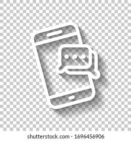 Charla móvil, diálogo de texto, mensaje de envío, diseño de esquema. Icono blanco con sombra sobre fondo transparente