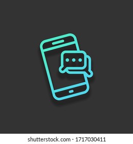 Mobile chatting, text dialog, send message, outline design. Colorful logo concept with soft shadow on dark background. Icon color of azure ocean